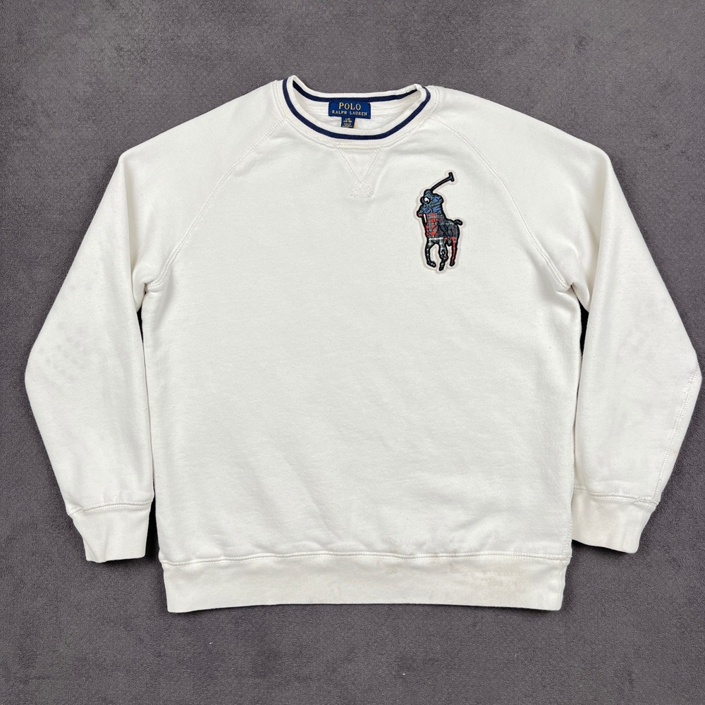 Polo Ralph Lauren Sweatshirt Kids Large 14-16 White Big Pony Plaid Patch Crew